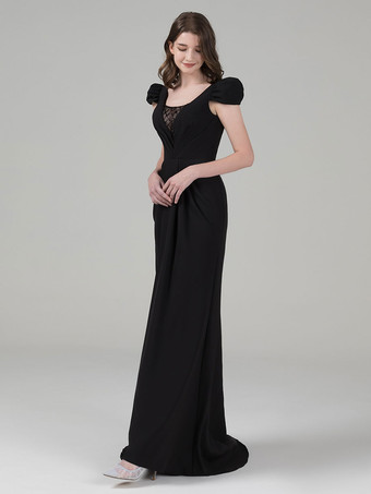 黒のウェディングドレスマーメイド半袖レースストレッチクレープスイープブライダルドレス無料カスタマイズ