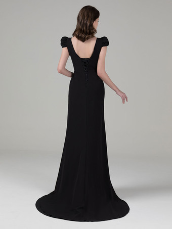 黒のウェディングドレスマーメイド半袖レースストレッチクレープスイープブライダルドレス無料カスタマイズ