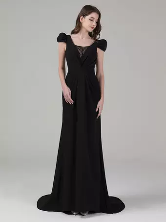 Black Wedding Dresses Mermaid Short Sleeves Lace Stretch Crepe Sweep Bridal Dress Free Customization