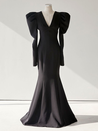 Brautkleider Schwarz Polyester V-Ausschnitt Langarm Schwarz Vintage Brautkleid