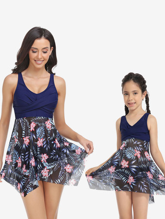 ディープブルー女性ツーピース水着ディープブルー花柄プリーツ V ネックバックレスサマービーチ水着