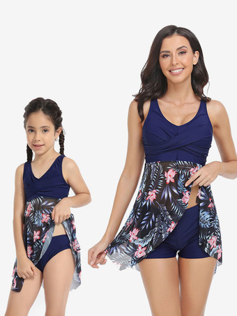 女性ツーピース水着ディープブルー花柄プリーツ V ネックバックレスサマービーチ水着