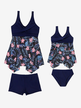 女性ツーピース水着ディープブルー花柄プリーツ V ネックバックレスサマービーチ水着