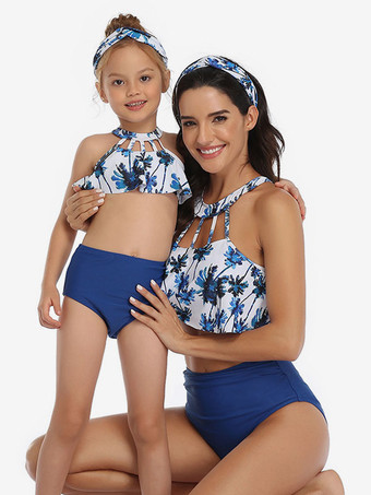 Zweiteilige Badeanzüge für Damen  blauer Blumendruck  Pom Poms  Juwelenausschnitt  rückenfrei  Sommer-Strandbadebekleidung
