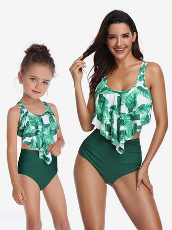Two Piece Swimsuits For Women Pink Floral Print Ruffles Jewel Neck Backless Summer Sexy Bathing Suits