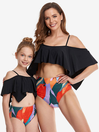 Two Piece Swimsuits For Women Black Floral Print Ruffles Bateau Neck Open Shoulder Summer Beach Swimming Suits