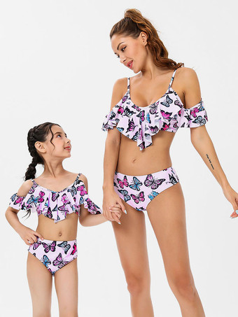 Two Piece Swimsuits For Women Pink Animal Print Ruffles Jewel Neck Open Shoulder Summer Sexy Bathing Suits