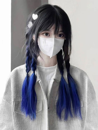 ブルー ROCOCO スタイル ロリータウィッグ ブルー ロング 耐熱ファイバー ロリータ アクセサリー