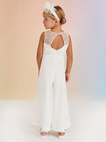 アイボリー素敵な結婚式のフォーマルパーティードレスノースリーブレースフラワーガールドレス