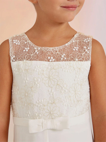 アイボリー素敵な結婚式のフォーマルパーティードレスノースリーブレースフラワーガールドレス