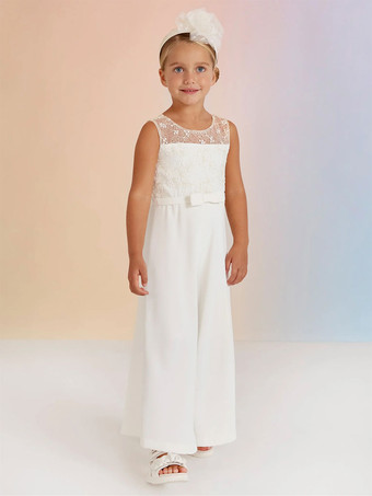 アイボリー素敵な結婚式のフォーマルパーティードレスノースリーブレースフラワーガールドレス