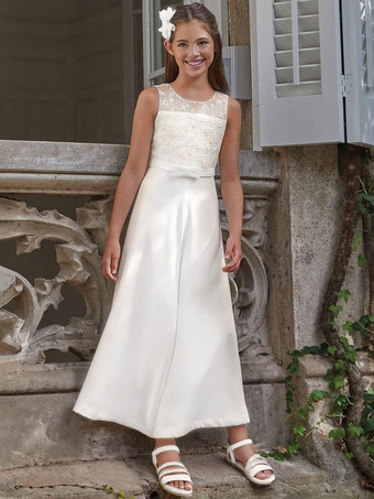 アイボリーアイボリー素敵な結婚式のフォーマルパーティードレスノースリーブレースフラワーガールドレス