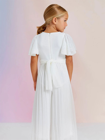 プリンセスフォーマルパーティードレスアイボリー半袖サッシュフラワーガールドレス