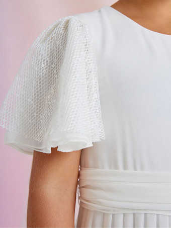 プリンセスフォーマルパーティードレスアイボリー半袖サッシュフラワーガールドレス