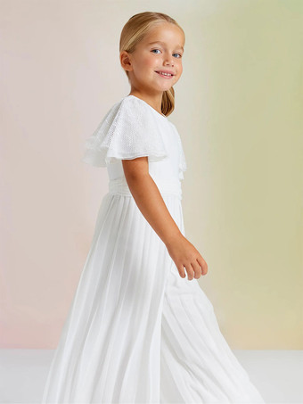 アイボリープリンセスフォーマルパーティードレスアイボリー半袖サッシュフラワーガールドレス