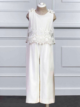 アイボリーウェディングパーティードレス素敵な子供ボールガウンノースリーブレースフラワーガールドレス