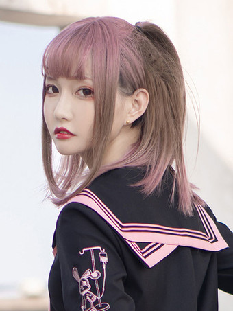 Harajuku Mode Lolita Perruques Courtes Fibre Résistant À La Chaleur Rose Clair Accessoires Lolita