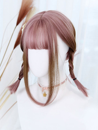 Harajuku Mode Lolita Perruques Courtes Fibre Résistant À La Chaleur Rose Clair Accessoires Lolita