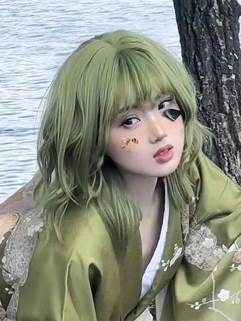 原宿ファッションロリータウィッグショート耐熱ファイバーグリーンロリータアクセサリー