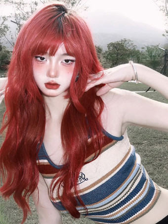 原宿ファッションロリータウィッグロング耐熱ファイバーオレンジレッドロリータアクセサリー