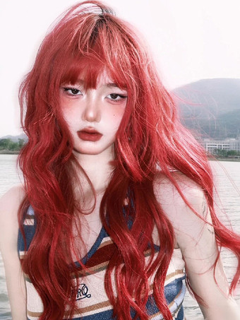 原宿ファッションロリータウィッグロング耐熱ファイバーオレンジレッドロリータアクセサリー