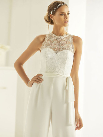 アイボリーブライダルジャンプスーツストレッチクレープレース足首までの長さの A ラインイリュージョンネックラインノースリーブジャンプスーツ無料カスタマイズ