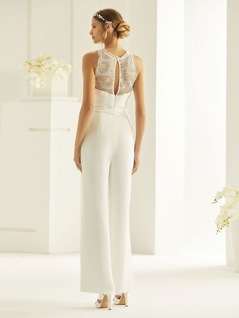 アイボリーブライダルジャンプスーツストレッチクレープレース足首までの長さの A ラインイリュージョンネックラインノースリーブジャンプスーツ無料カスタマイズ