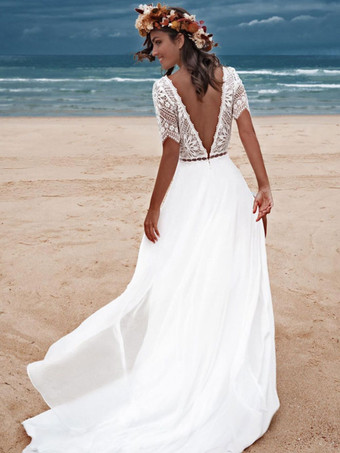 アイボリー ボヘミアン ウェディングドレス レース Aライン トレーン バックレス 半袖 Vネック ブライダルドレス 無料カスタマイズ