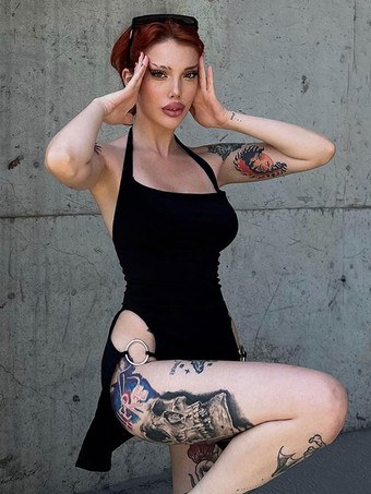 Club Dress Black Halter Dettagli in metallo Abito sexy senza schienale senza maniche