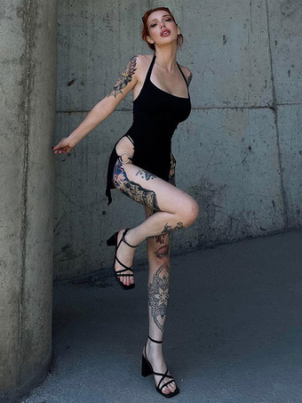 Club Dress Black Halter Dettagli in metallo Abito sexy senza schienale senza maniche