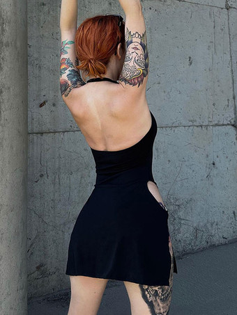 Club Dress Black Halter Dettagli in metallo Abito sexy senza schienale senza maniche