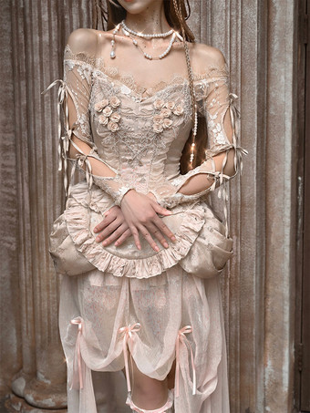 パンクフラワーレース長袖トップライトアプリコットトップ