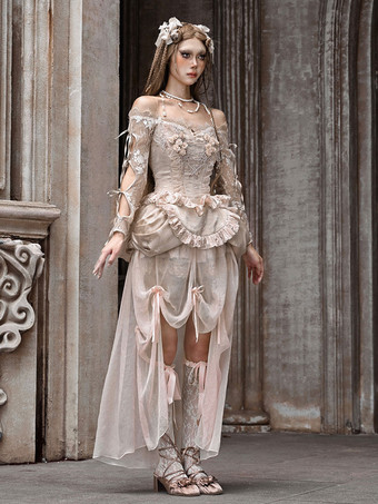 パンクフラワーレース長袖トップライトアプリコットトップ