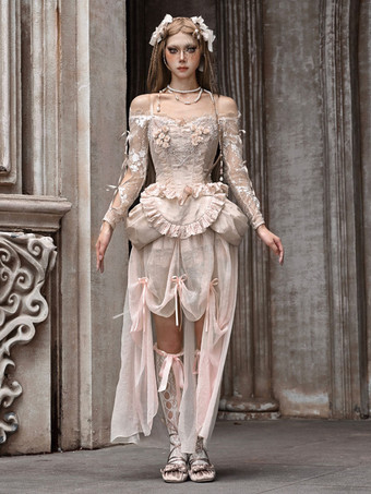 パンクフラワーレース長袖トップライトアプリコットトップ