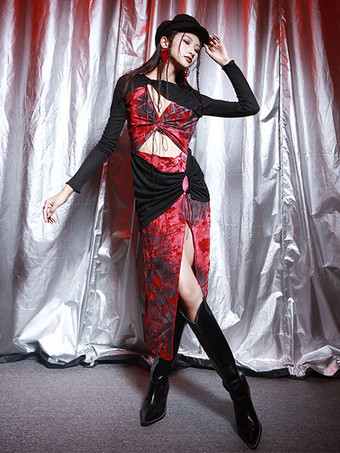 ゴスロリパンクドレス レースアップ花柄スリットドレス