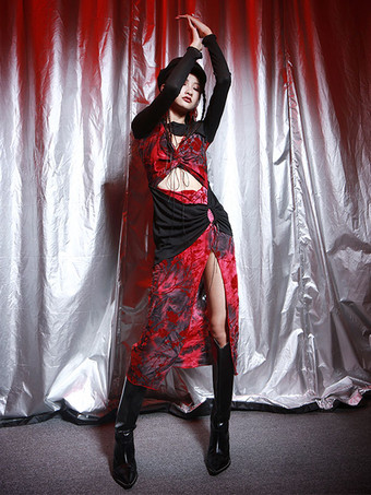 レッド ゴスロリパンクドレス レースアップ花柄スリットドレス
