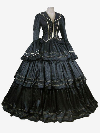 ブラックレトロコスチュームフリルポリエステルトップ女性のレトロセットマリーアントワネット衣装仮面舞踏会夜会服