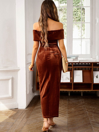 ベルベット ドレス バトーネック プリーツ 半袖 イレギュラー プロム マキシ ドレス ワインレッド