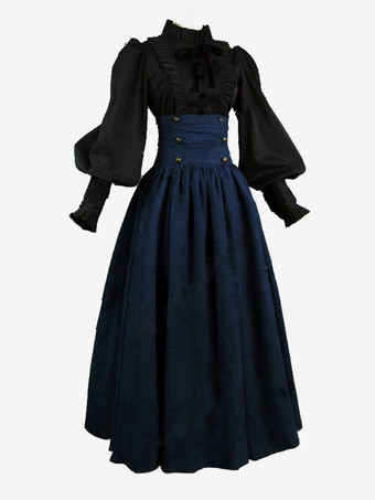 黒レトロコスチューム女性のマリーアントワネット衣装フリルポリエステルセットスカートトップロイヤル 18 世紀衣装