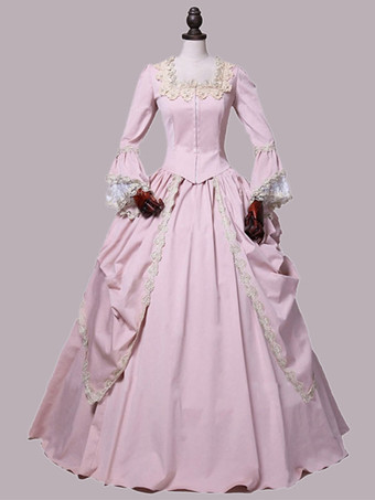 ピンクのレトロな衣装フリルポリエステルスカート女性のマリーアントワネット衣装レトロセットパーティーウエディングドレス