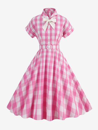 Barbie Pink Gingham Dress 1950s Short Sleeves Plaid Vintage Dress