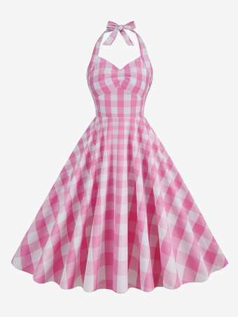 Barbie Pink Gingham 1950s Plaid Pleated Halter Vintage Dress