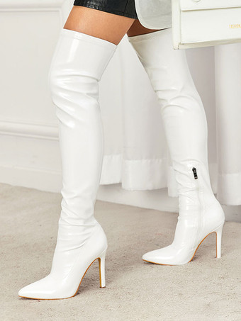 ホワイト サイハイブーツ ポインテッドトゥ ハイヒール オーバーザニーブーツ PU