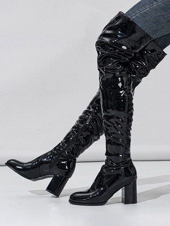 ブラック ホワイト チャンキー ヒール サイ ハイ ブーツ