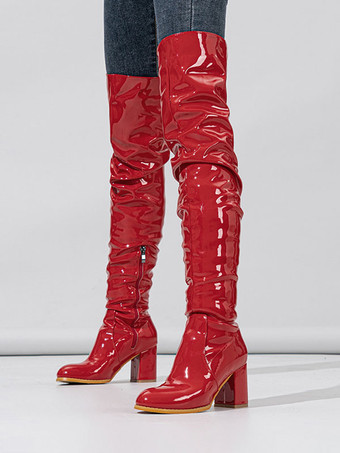 レッド ホワイト チャンキー ヒール サイ ハイ ブーツ