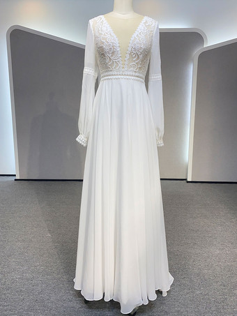 ホワイトシンプルなウェディングドレス レース イリュージョン ネックライン ロングスリーブ レース Aライン ブライダルドレス 無料カスタマイズ