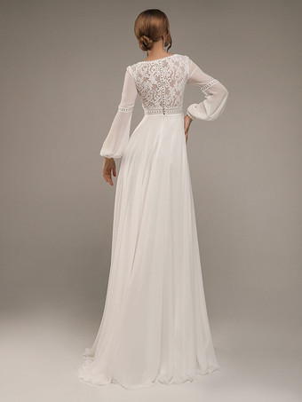 シンプルなウェディングドレス レース イリュージョン ネックライン ロングスリーブ レース Aライン ブライダルドレス 無料カスタマイズ