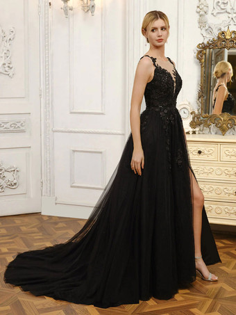 黒のウェディングドレスレース A ラインノースリーブトレーンブライダルドレス無料カスタマイズ