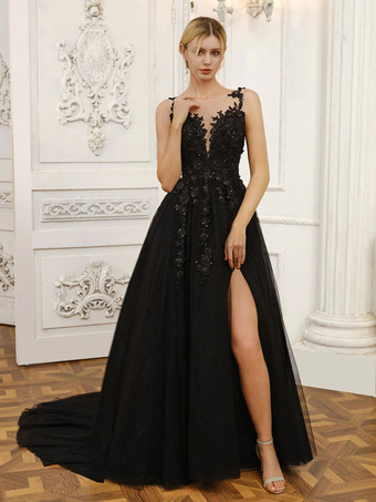 黒のウェディングドレスレース A ラインノースリーブトレーンブライダルドレス無料カスタマイズ