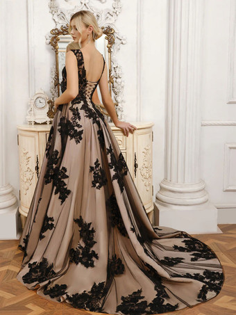 ゴシックウェディングドレスレースAラインノースリーブトレーンブライダルドレス無料カスタマイズ